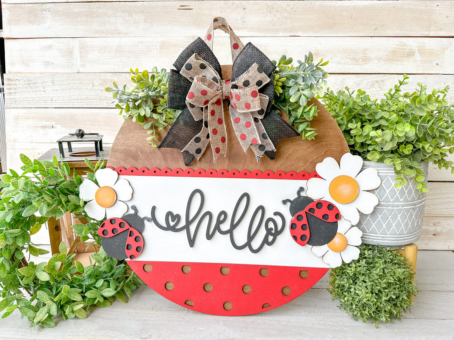 Hello Ladybug 18" Round Wood Door Hanger – Hand-Painted Laser Cut Spring & Summer Decor