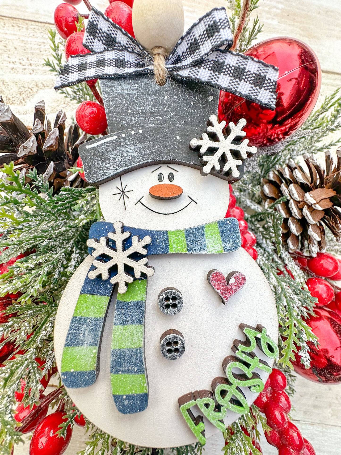 Handcrafted “Frosty” Snowman Ornament green & blue