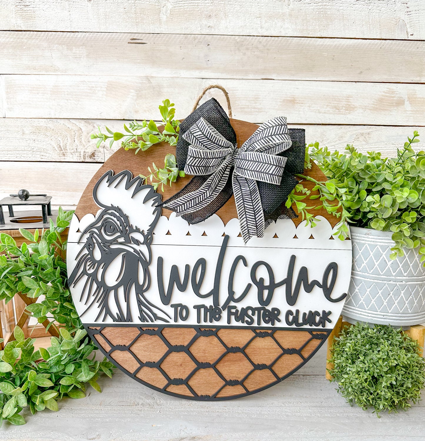 Welcome to the Fuster Cluck 18" Round Door Hanger – Hand-Painted Laser Cut Funny Farmhouse Sign