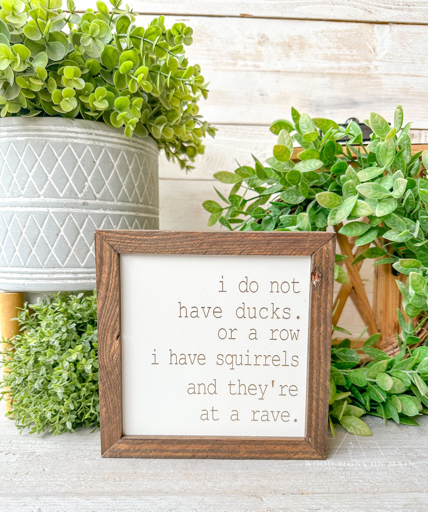 I do not have ducks, or a row I have squirrels and they're at a rave. Laer engraved wood sign