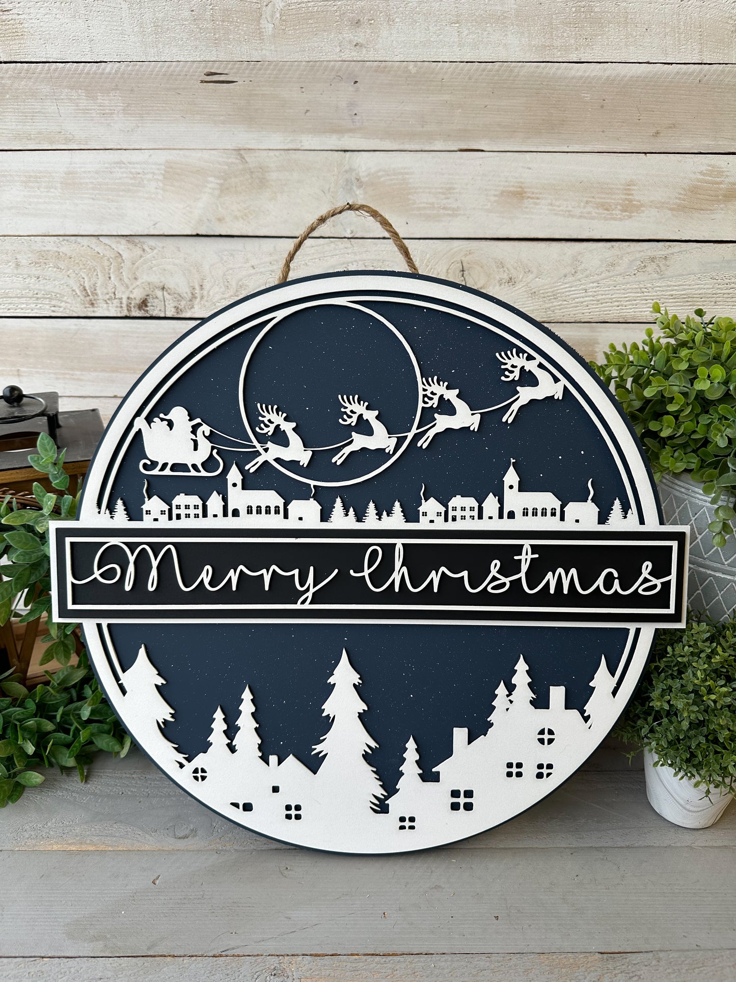 Santa’s Sleigh Merry Christmas Village Round Wood Round – 18” Layered Holiday Door Sign