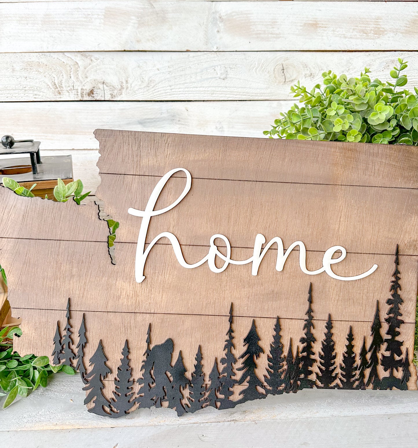 Washington State Home Sign with Bigfoot – Rustic PNW Wall Art