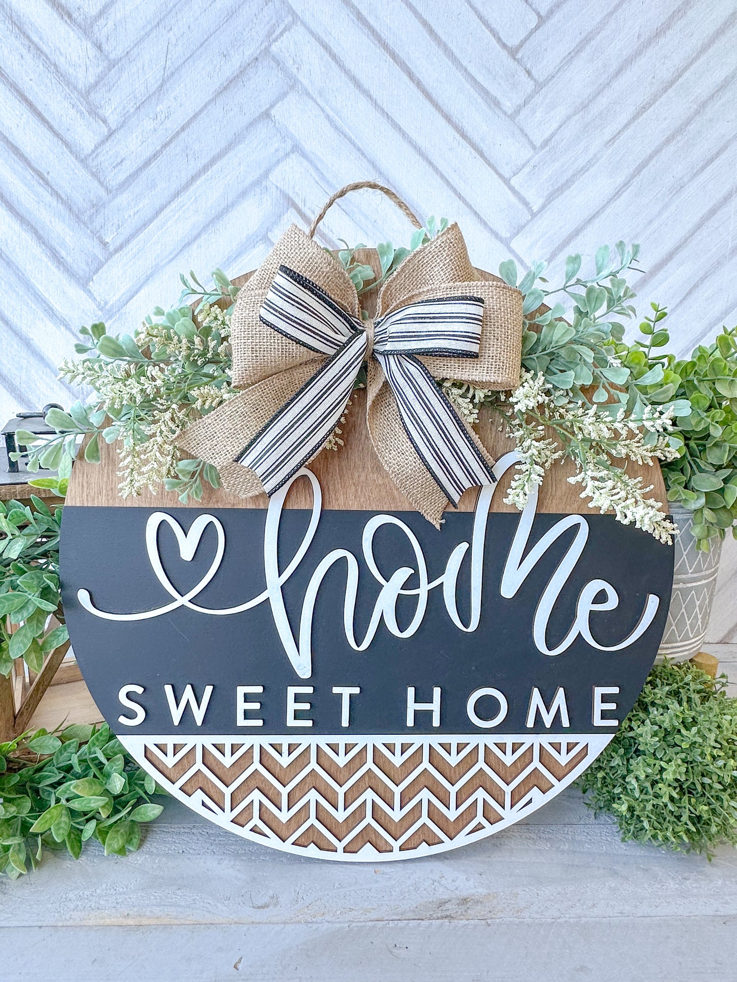 Home Sweet Home Sign - 18” Handcrafted Wood Round with Burlap Bow & Greenery