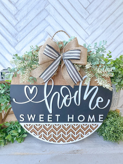 Home Sweet Home Sign - 18” Handcrafted Wood Round with Burlap Bow & Greenery