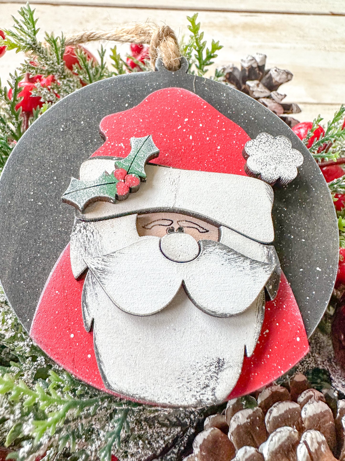 Hand-Painted Santa Ornament - 4x4 Wooden Christmas Tree Decor