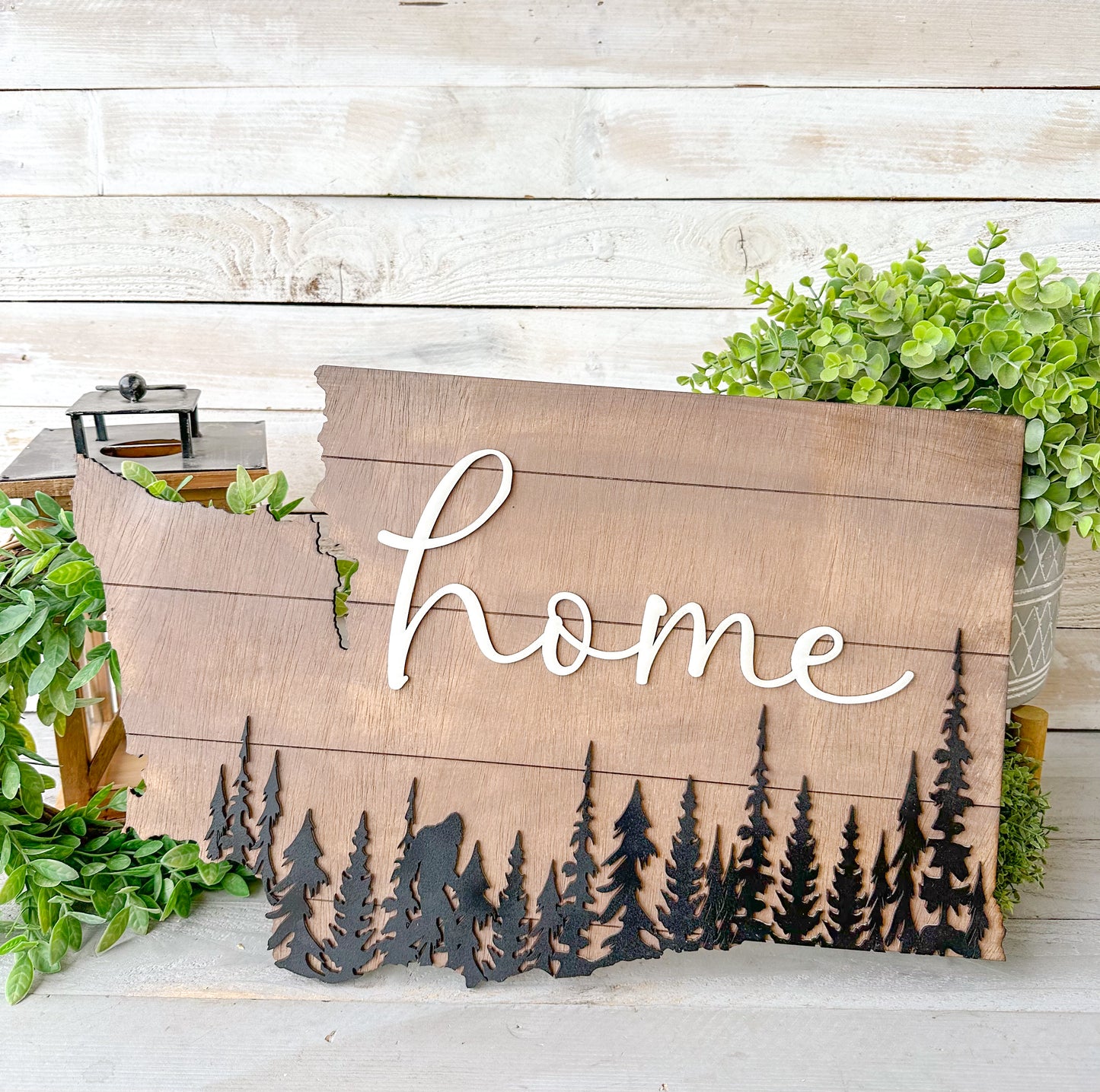 Washington State Home Sign with Bigfoot – Rustic PNW Wall Art