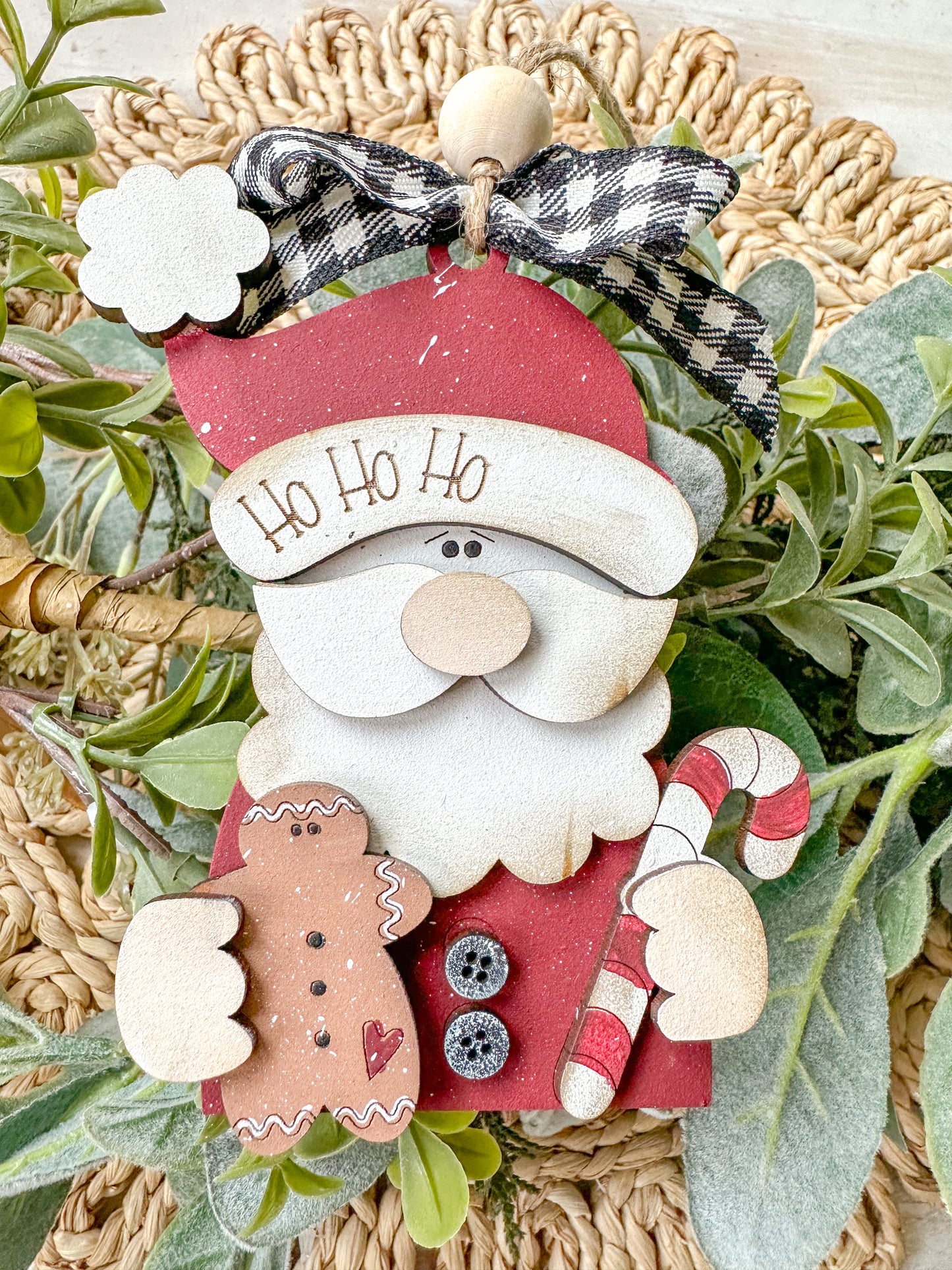 Hand-Painted Santa Ornament - 3D Wooden Christmas Decor with Gingerbread & Candy Cane