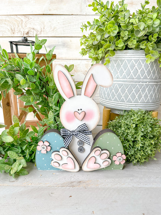 Easter Bunny Shelf Sitter – 3D Layered Spring Bunny Decor, Handcrafted Wood Bunny Sign