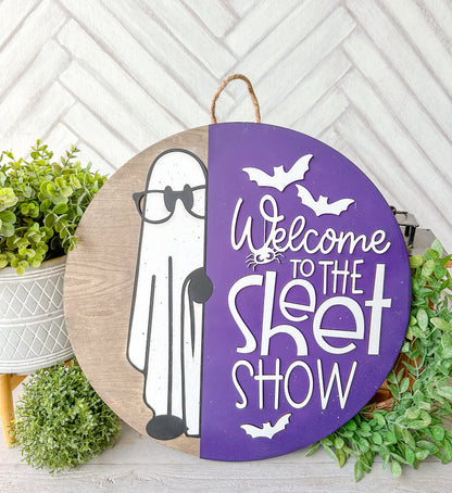 Welcome to the Sheet Show Halloween Door Hanger – Funny Ghost Front Door Sign