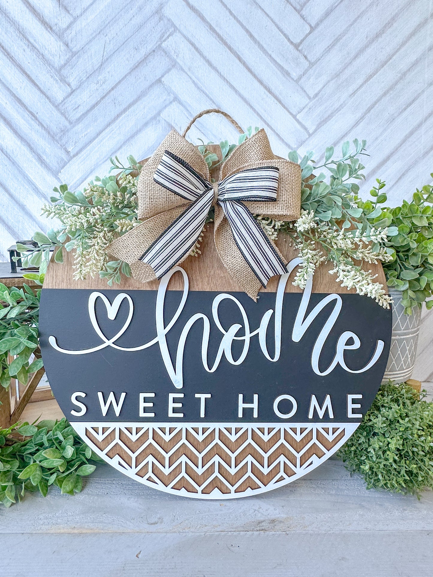 Home Sweet Home Sign - 18” Handcrafted Wood Round with Burlap Bow & Greenery