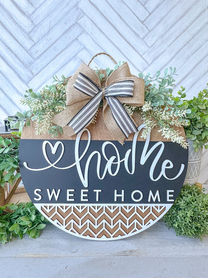 Home Sweet Home Sign - 18” Handcrafted Wood Round with Burlap Bow & Greenery