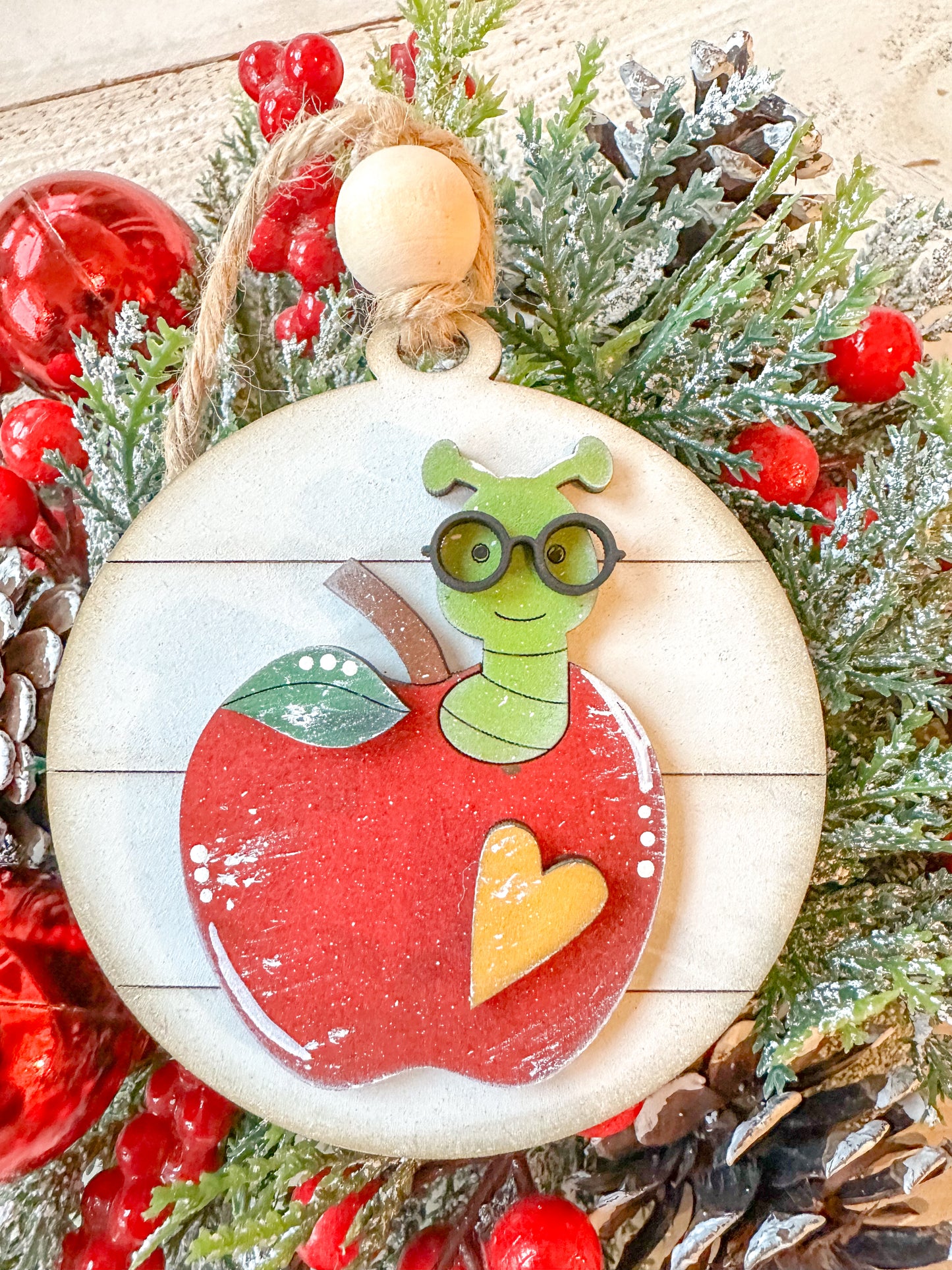 Apple and Bookworm Teacher Ornament