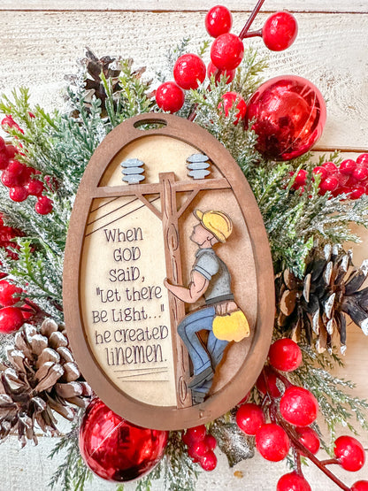 Lineman Ornament – "Let There Be Light" Tribute Gift, Handcrafted 5x3 Inch Wooden Keepsake
