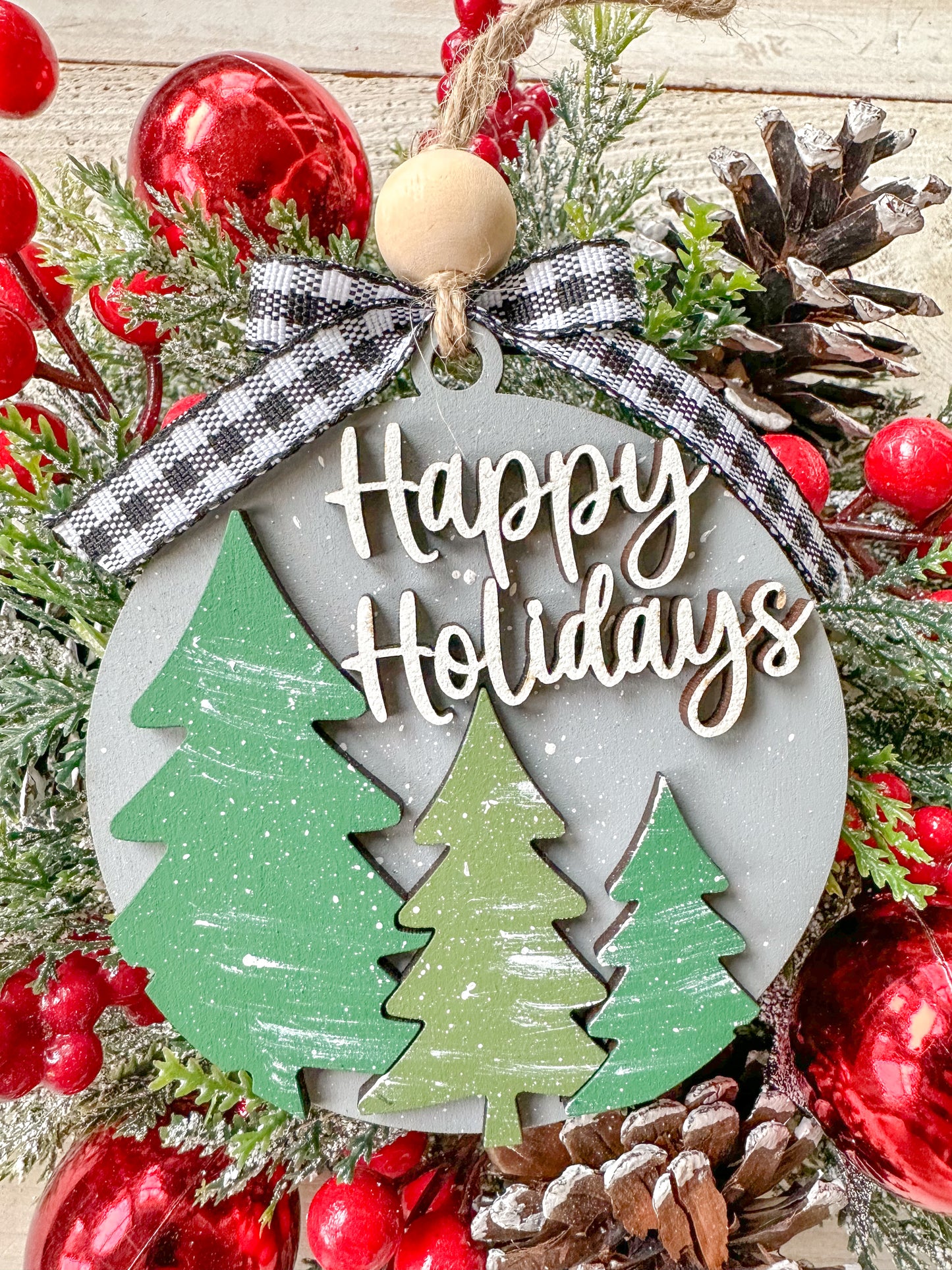 Happy holidays evergreen tree ornament