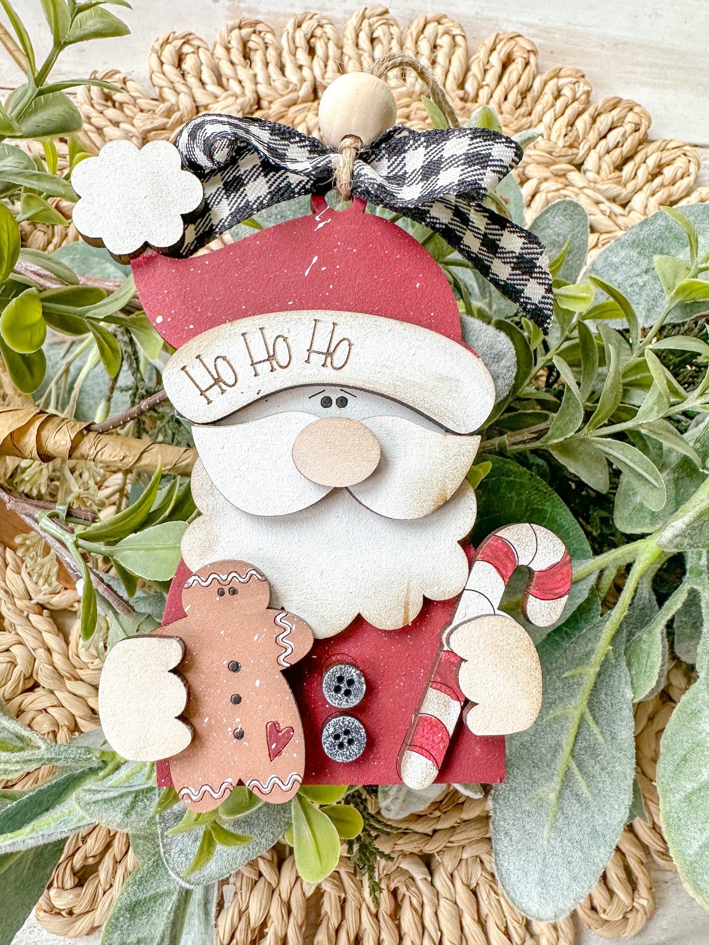 Hand-Painted Santa Ornament - 3D Wooden Christmas Decor with Gingerbread & Candy Cane