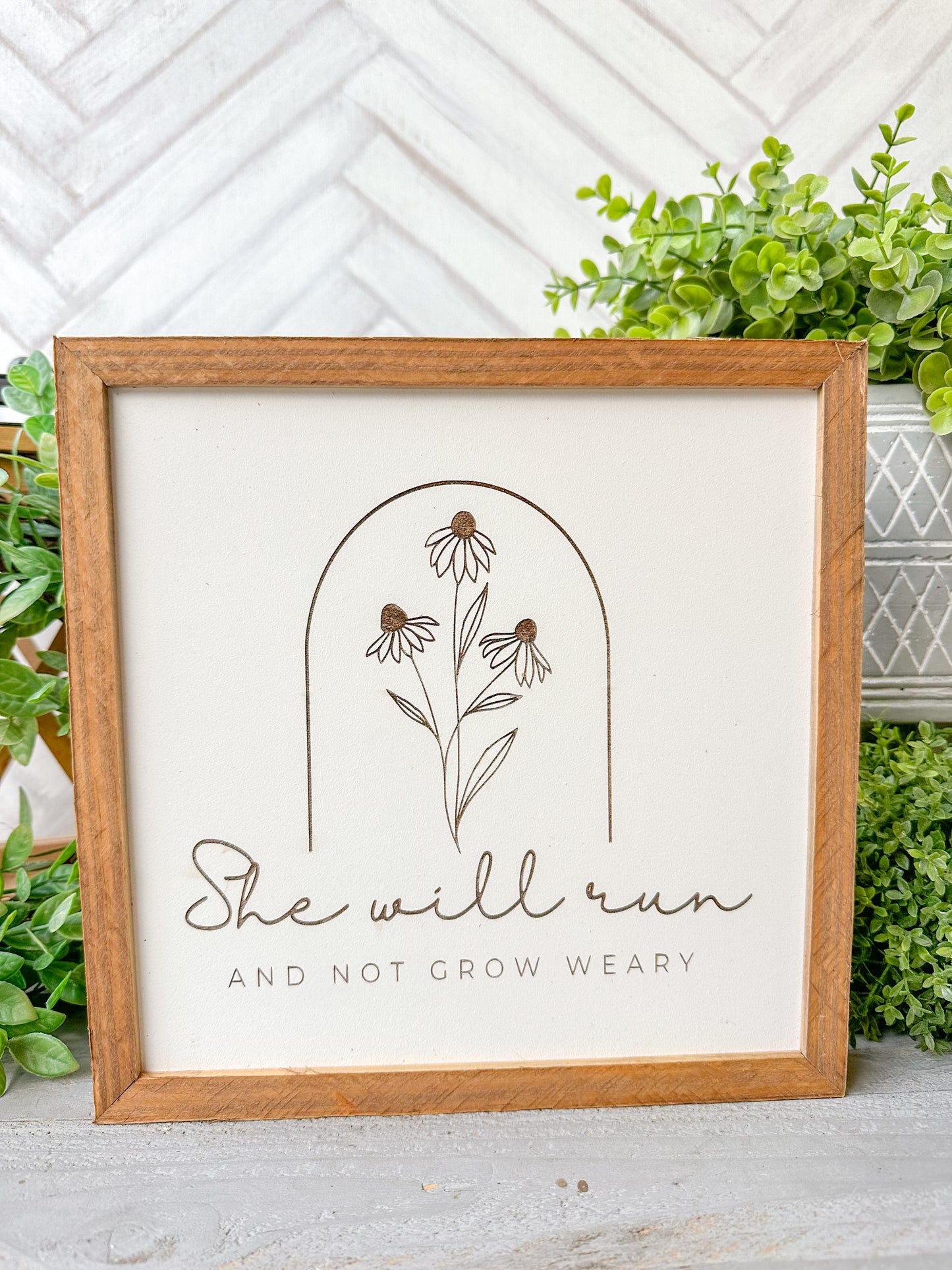 She Will Run and Not Grow Weary Laser Engraved Wooden Sign