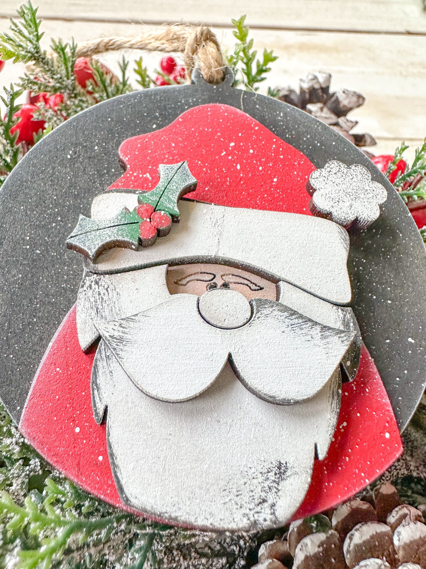 Hand-Painted Santa Ornament - 4x4 Wooden Christmas Tree Decor
