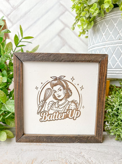 Batter Up Vintage-Inspired Laser Engraved Wooden Sign