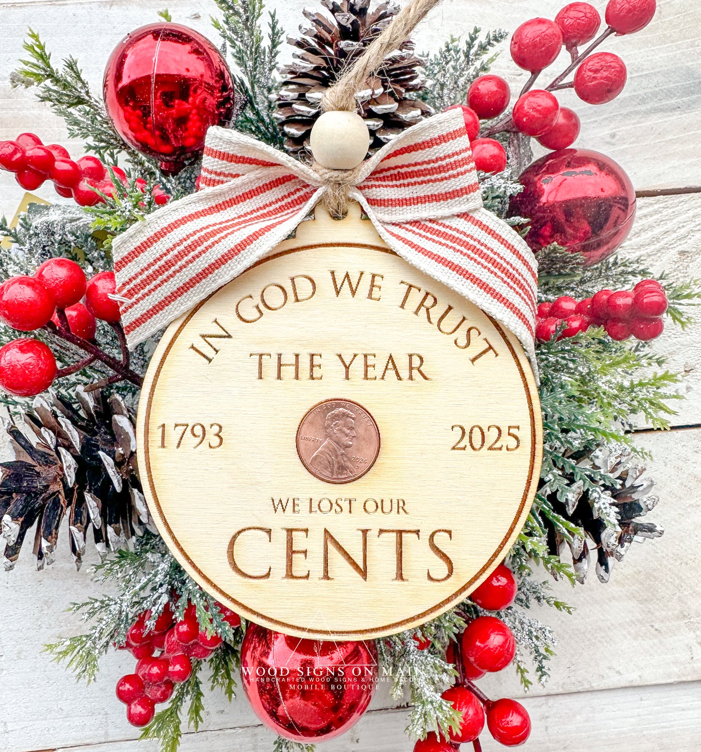 In God we trust historically wooden ornament