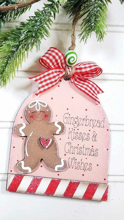 Gingerbread kisses and Christmas wishes - gingerbread peppermint arched Christmas ornament / gift tag