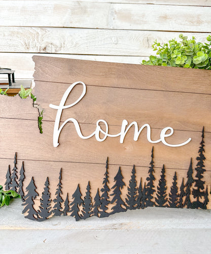 Washington State Home Wood Sign – Rustic Wall Decor with Evergreen Trees