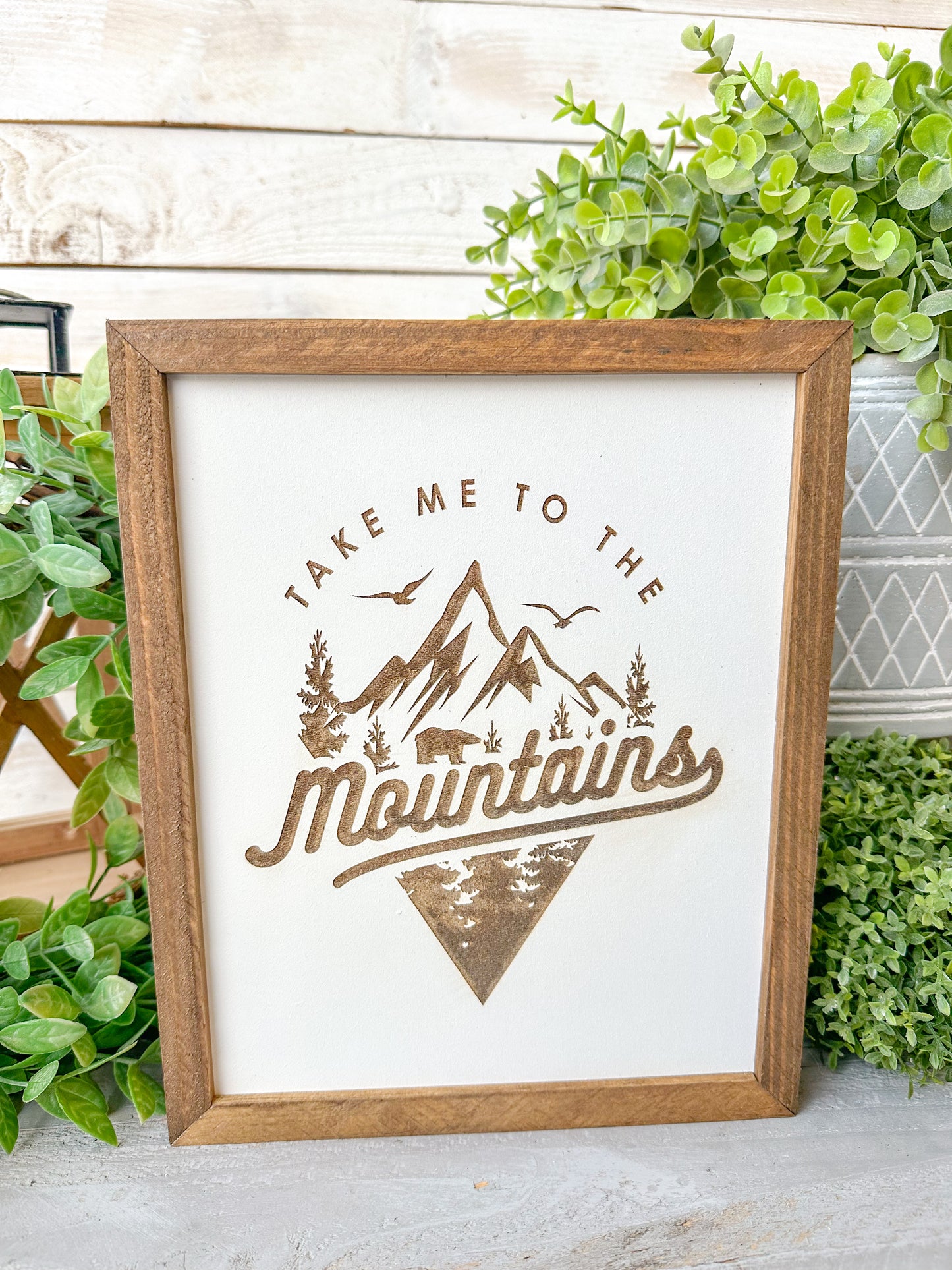 Take me to the mountains. Laser engraved wood sign.