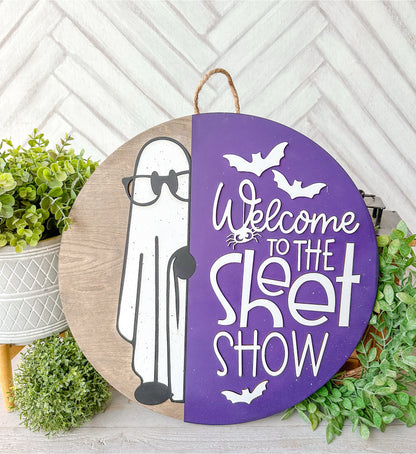 Welcome to the Sheet Show Halloween Door Hanger – Funny Ghost Front Door Sign