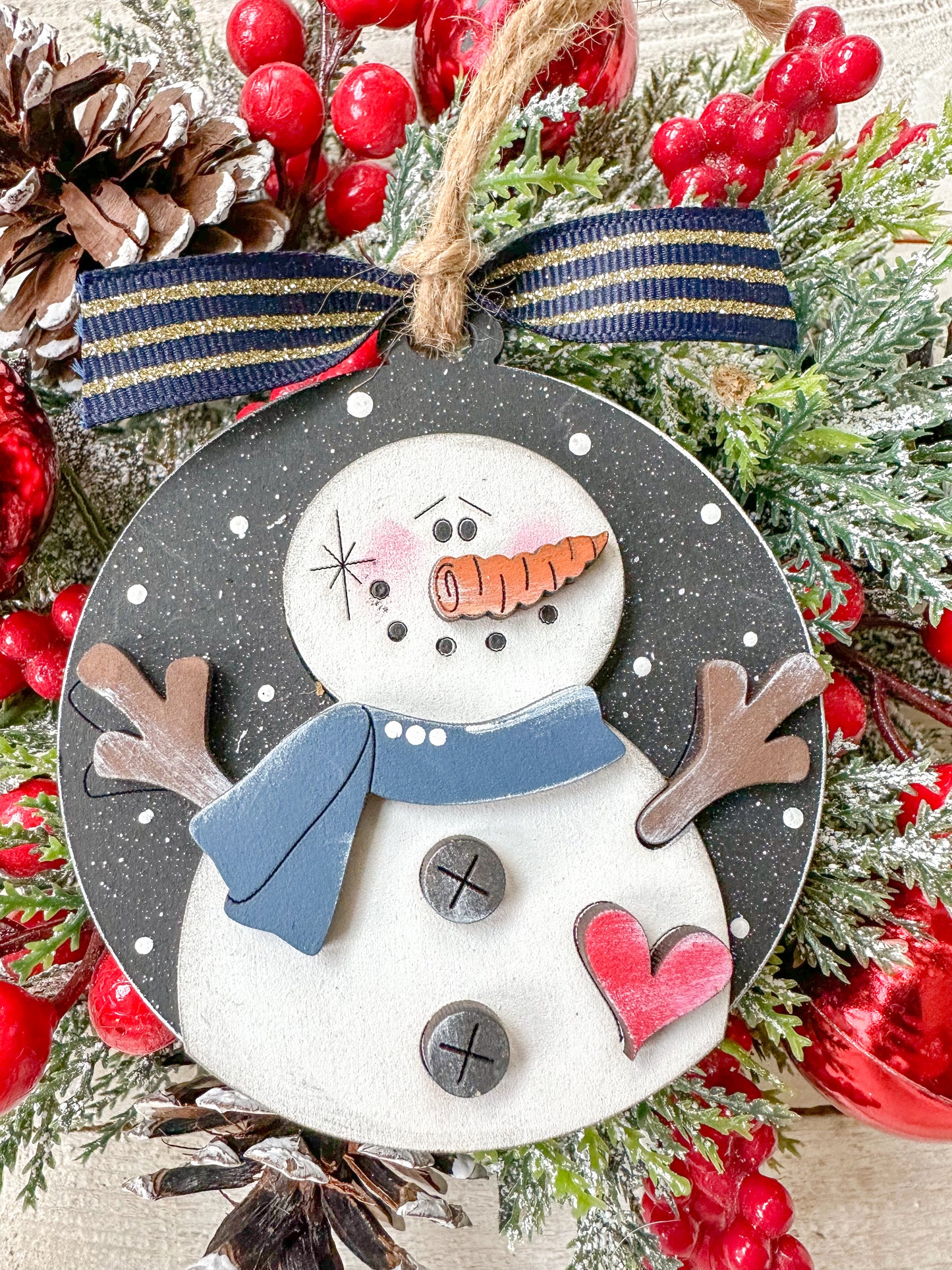 Snowman Ornament with White Bow and Heart Accent