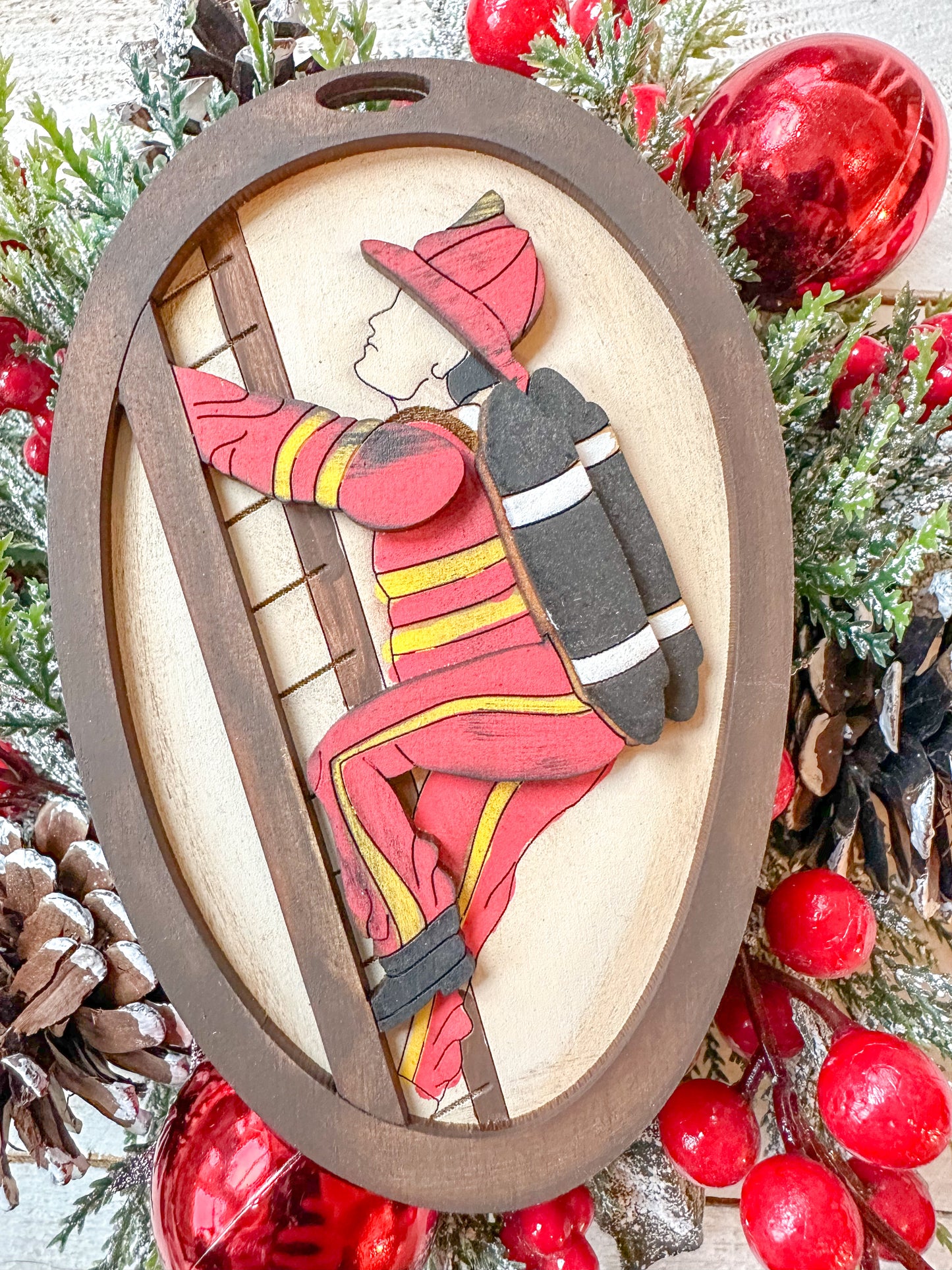 Firefighter Ornament – Handcrafted Wood Keepsake for Firefighter Appreciation, Fireman’s Wife Gift, Firefighter Christmas Tree Decor