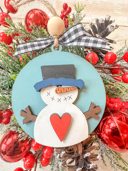 Handcrafted Snowman Ornament with Hat and Heart