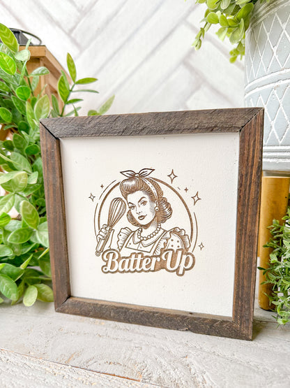 Batter Up Vintage-Inspired Laser Engraved Wooden Sign
