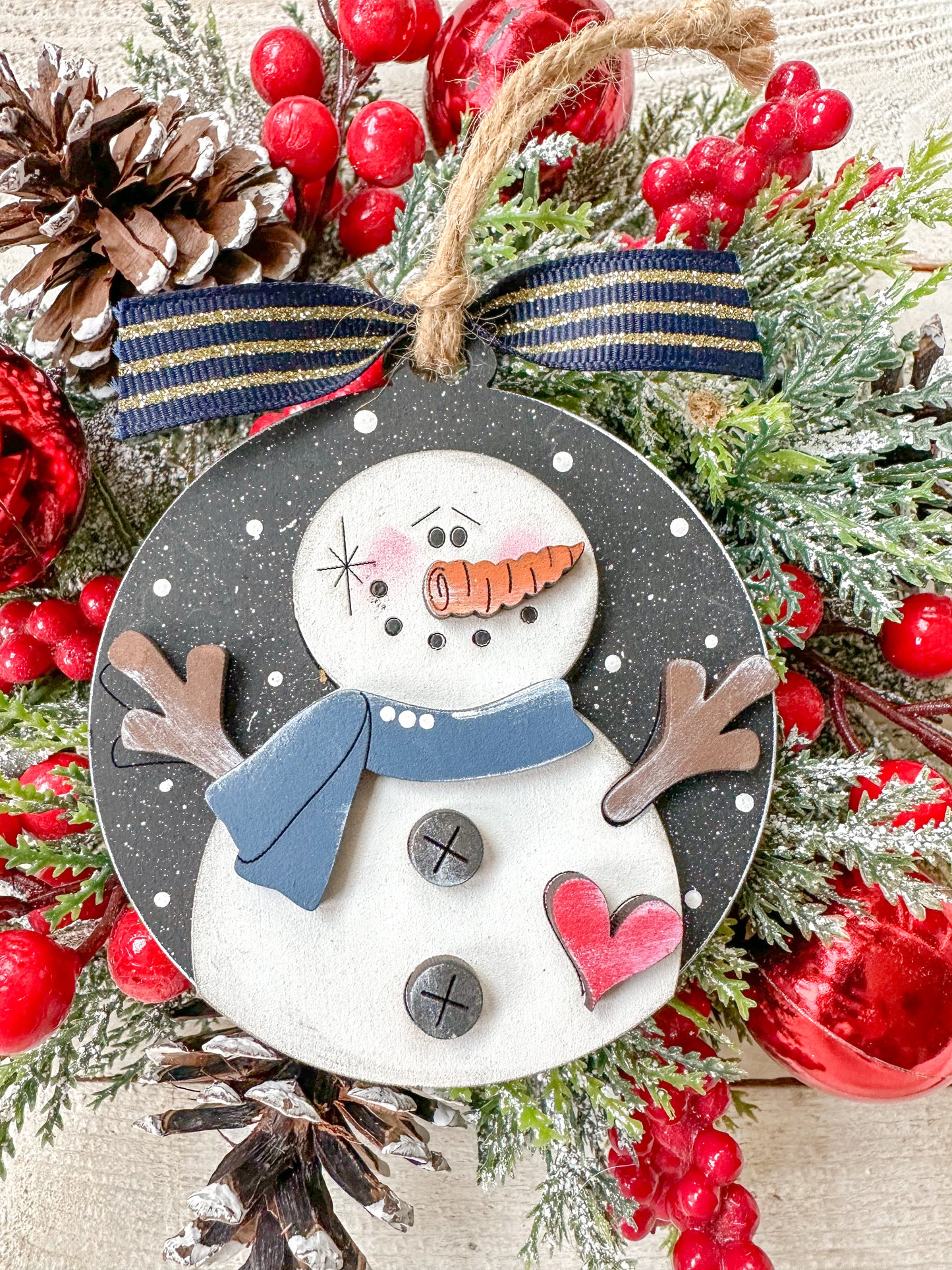 Snowman Ornament with White Bow and Heart Accent
