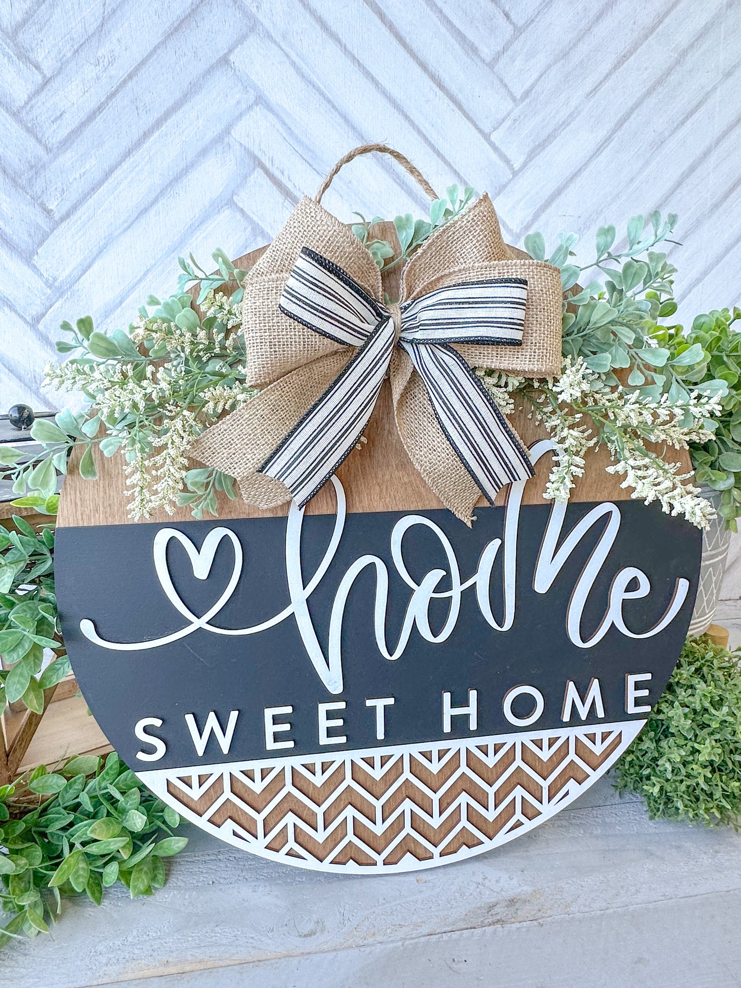 Home Sweet Home Sign - 18” Handcrafted Wood Round with Burlap Bow & Greenery
