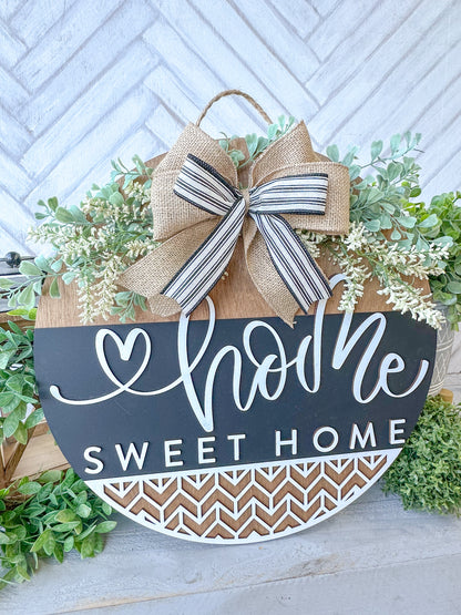 Home Sweet Home Sign - 18” Handcrafted Wood Round with Burlap Bow & Greenery