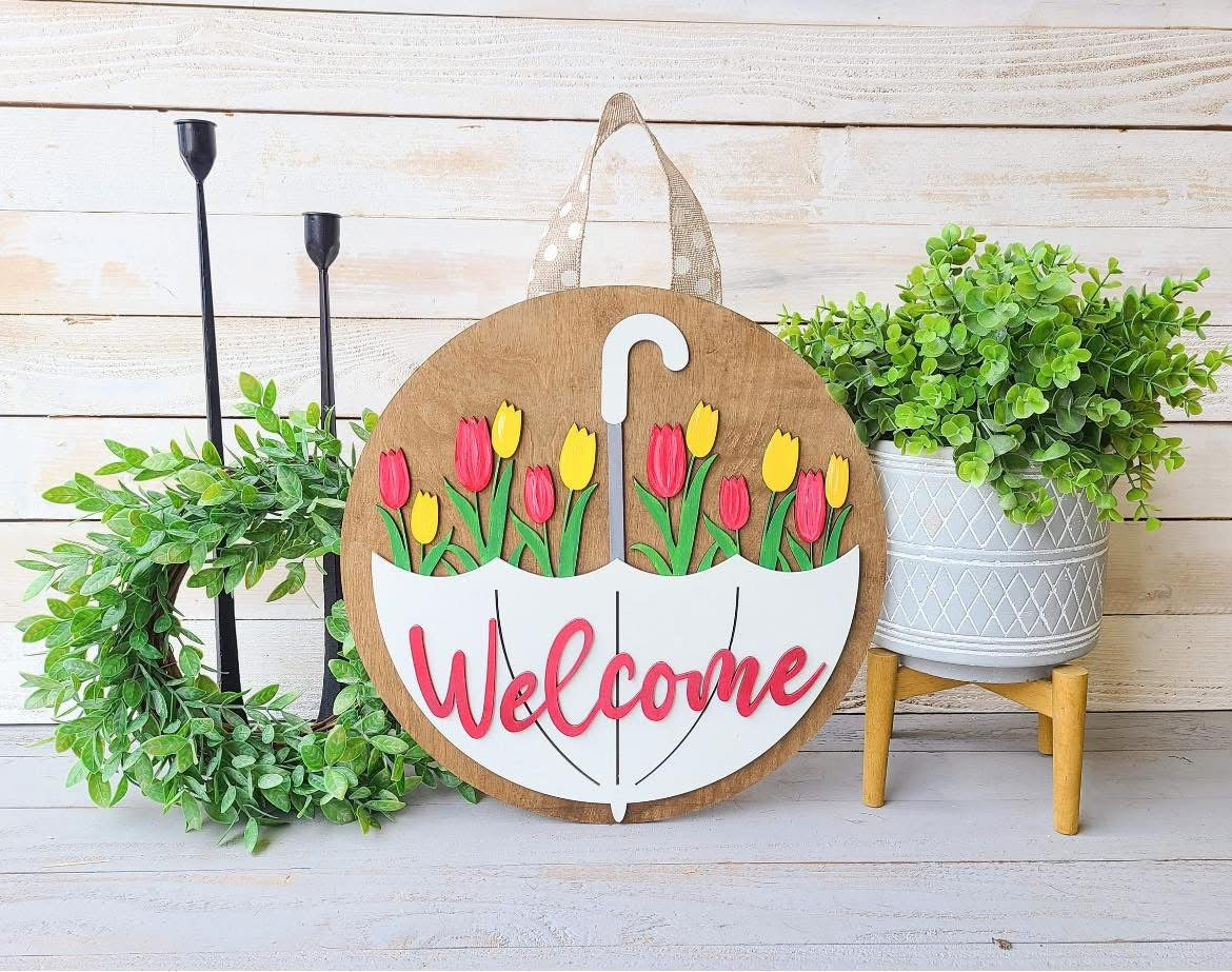 Welcome tulip umbrella wooden round