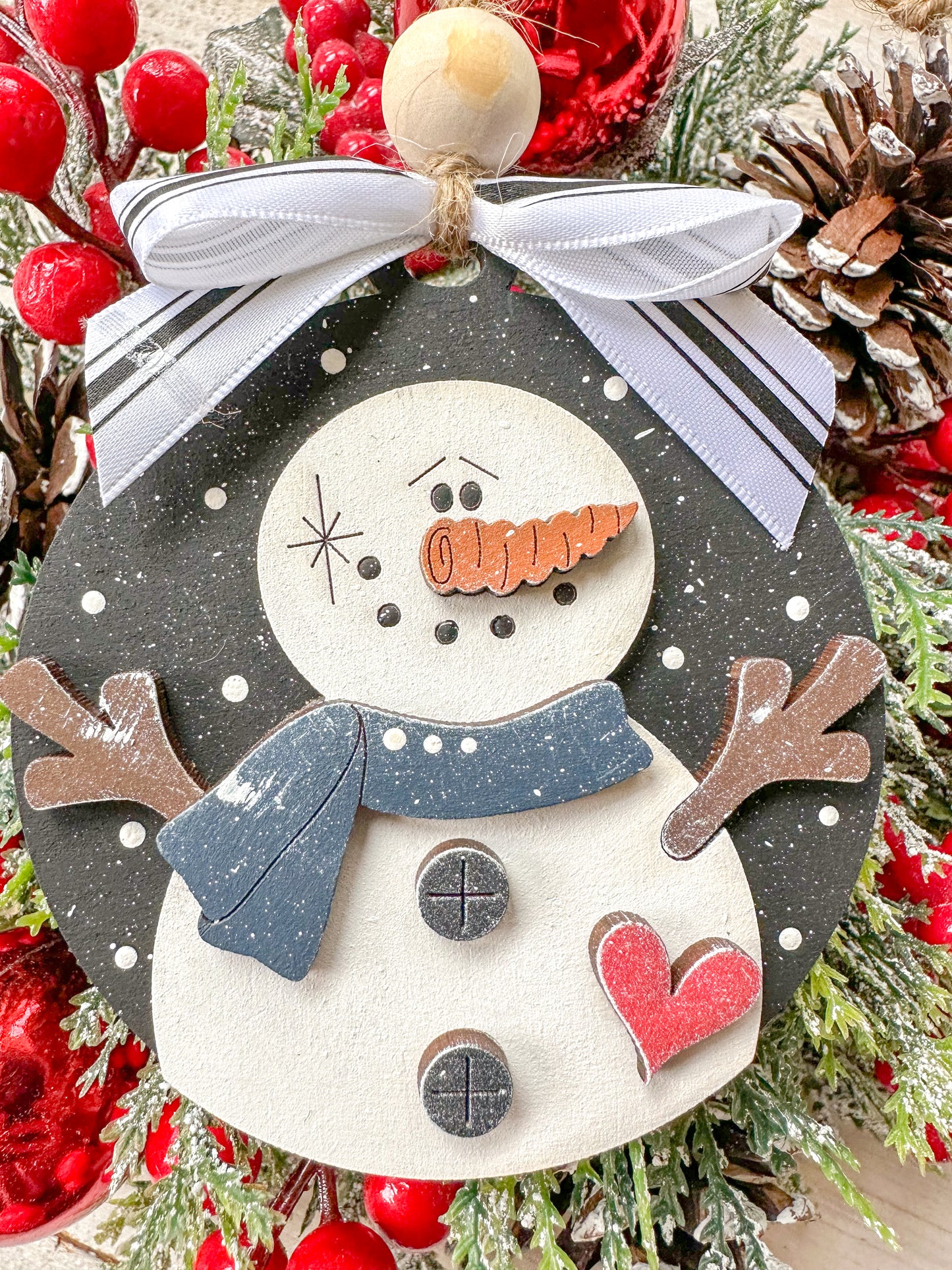 Snowman Ornament with White Bow and Heart Accent
