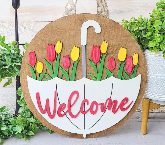 Welcome tulip umbrella wooden round