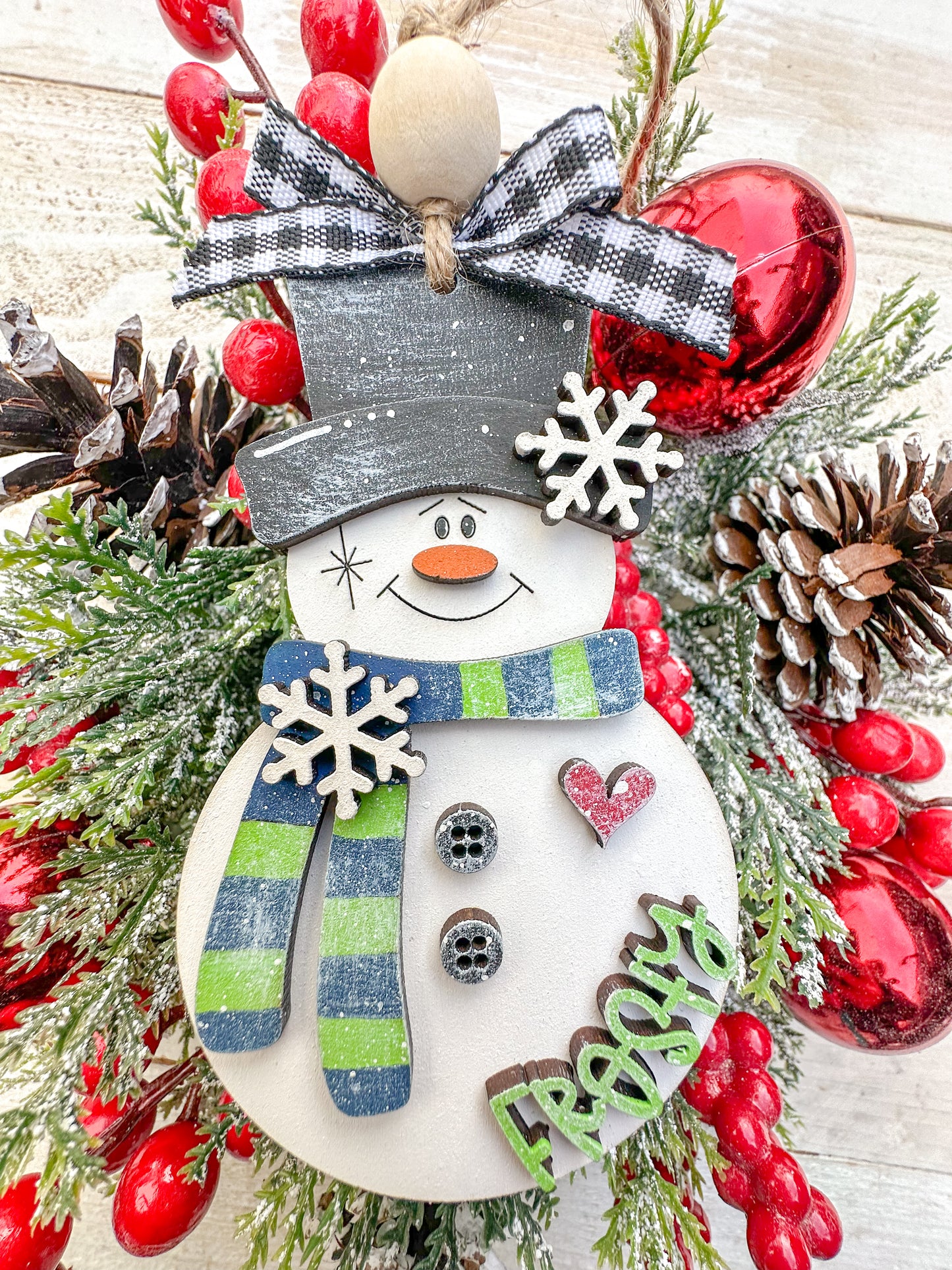 Handcrafted “Frosty” Snowman Ornament green & blue