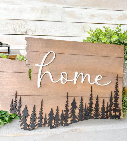 Washington State Home Wood Sign – Rustic Wall Decor with Evergreen Trees