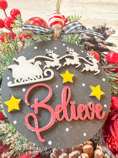 Believe Christmas Ornament – Santa Sleigh Holiday Decor, Handcrafted 4-Inch Wooden Ornament
