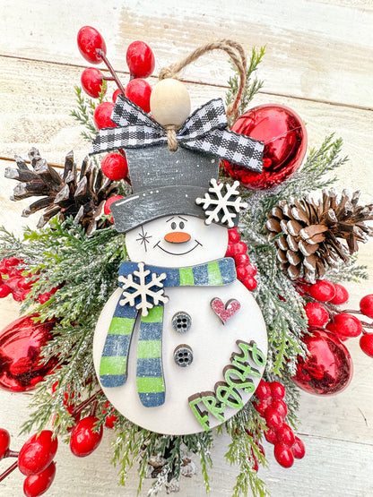 Handcrafted “Frosty” Snowman Ornament green & blue