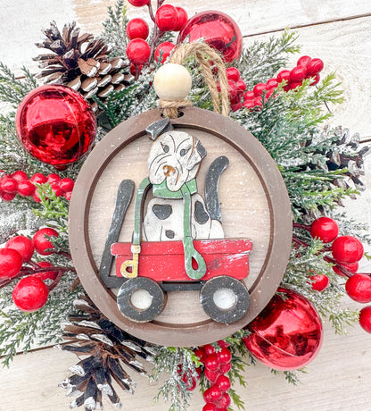 dog in wagon ornament