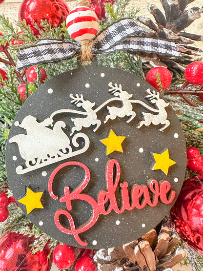 Believe Christmas Ornament – Santa Sleigh Holiday Decor, Handcrafted 4-Inch Wooden Ornament