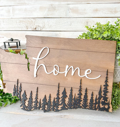 Washington State Home Wood Sign – Rustic Wall Decor with Evergreen Trees