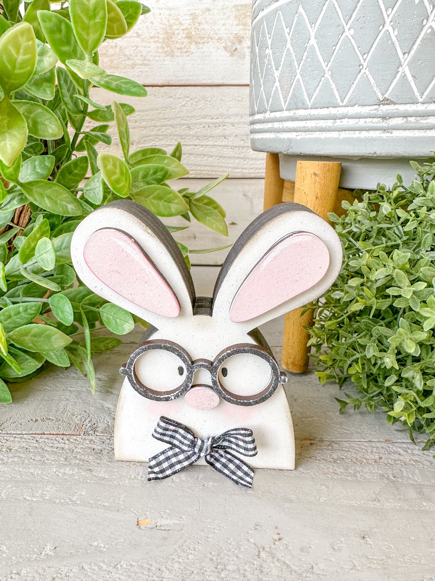 Handmade Nerdy Bunny Wood Decor – Rustic Easter Tiered Tray Accent