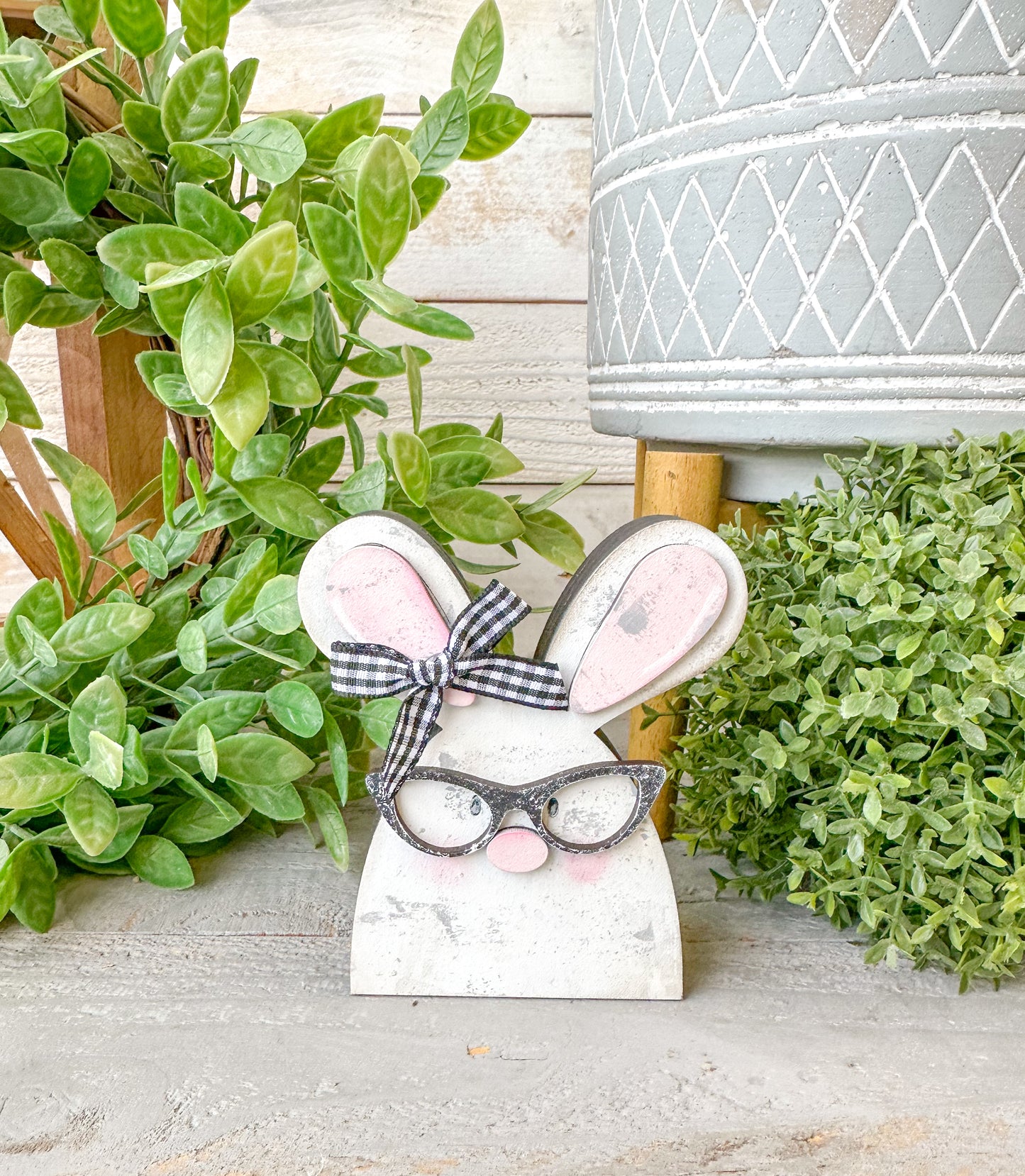 Handmade Nerdy Bunny Wood Decor – Rustic Easter Tiered Tray Accent
