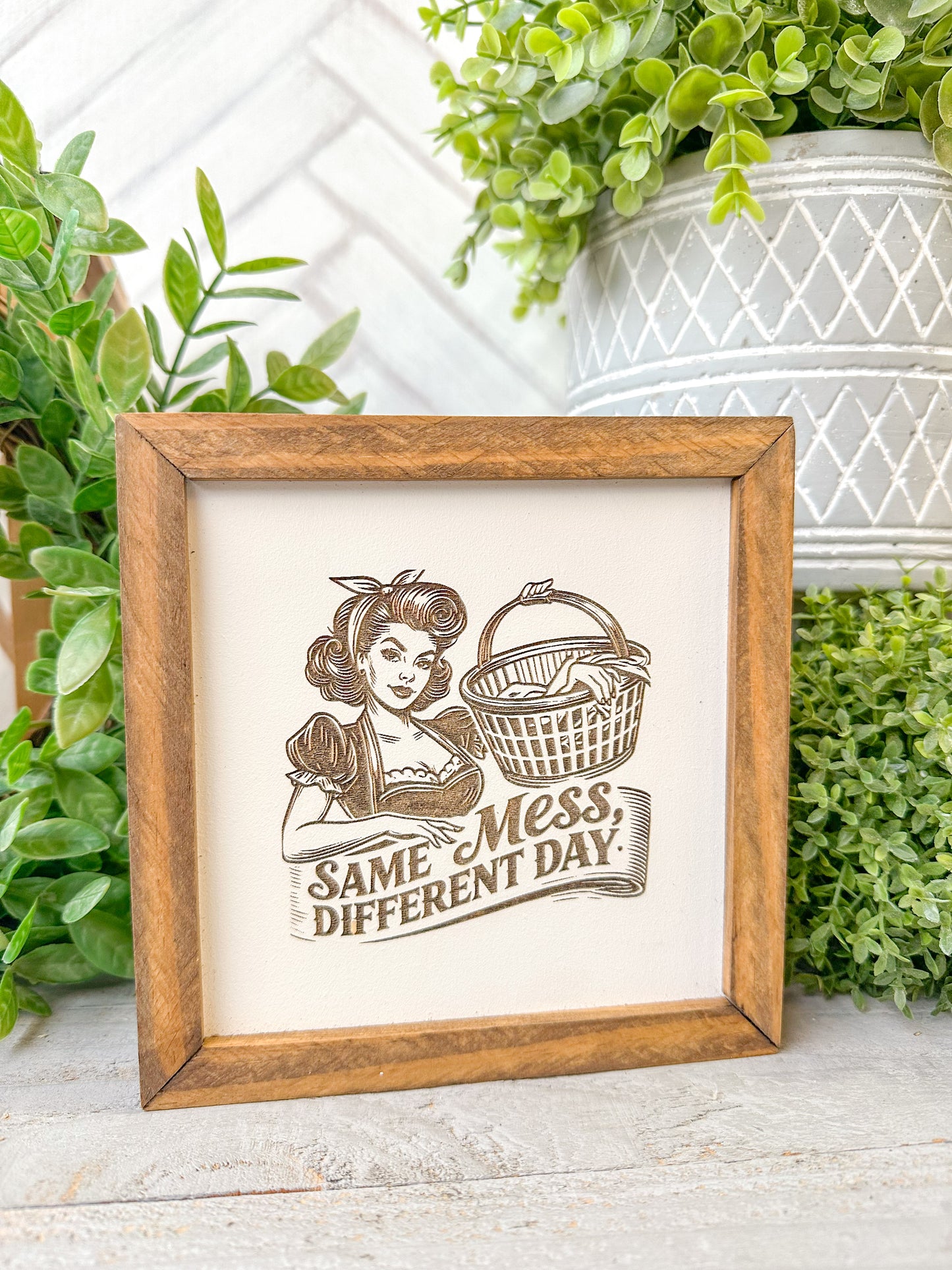 Same Mess, Different Day Retro Laundry Room Laser Engraved Wood Sign