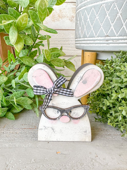 Handmade Nerdy Bunny Wood Decor – Rustic Easter Tiered Tray Accent