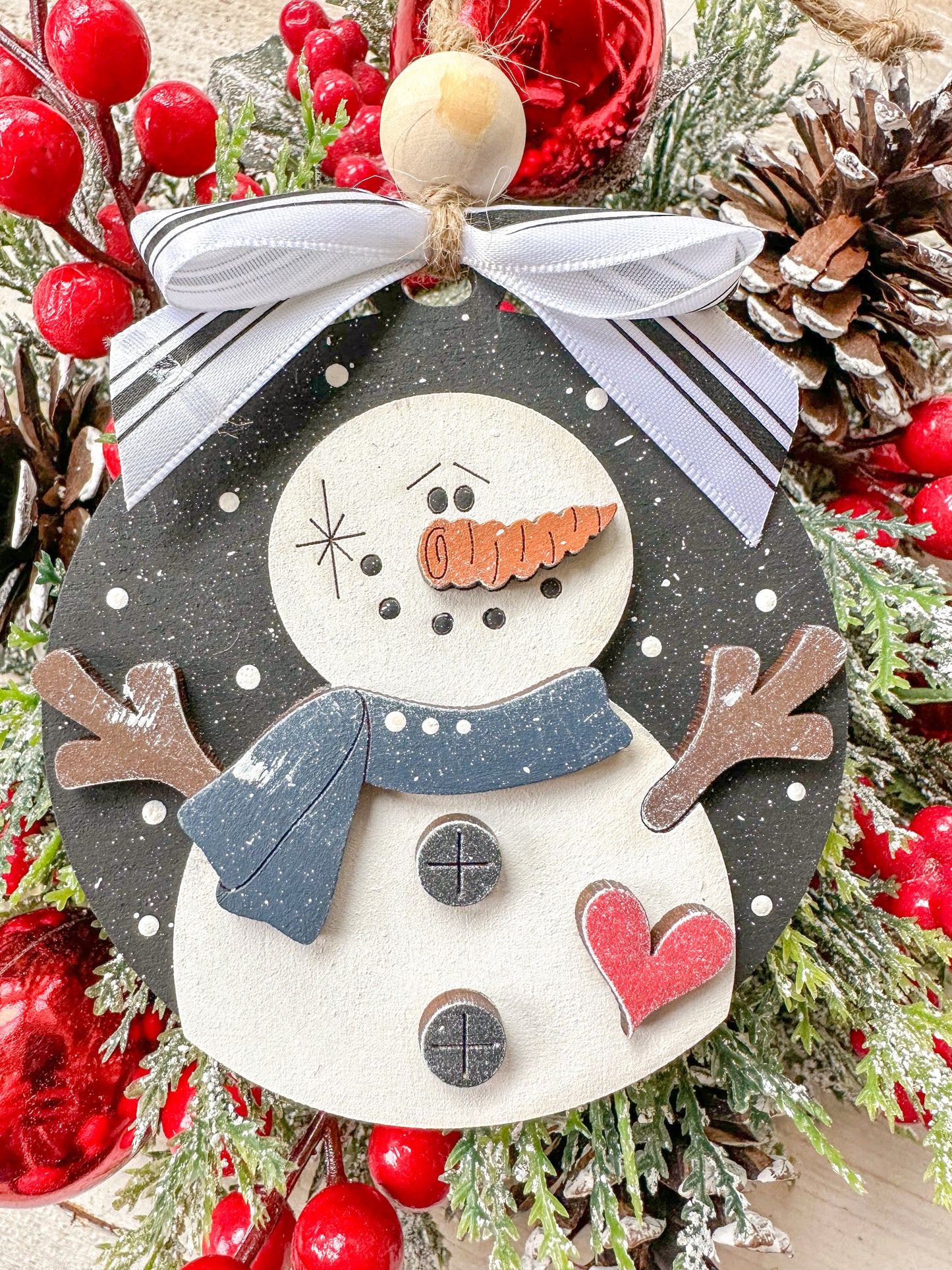 Snowman Ornament with White Bow and Heart Accent