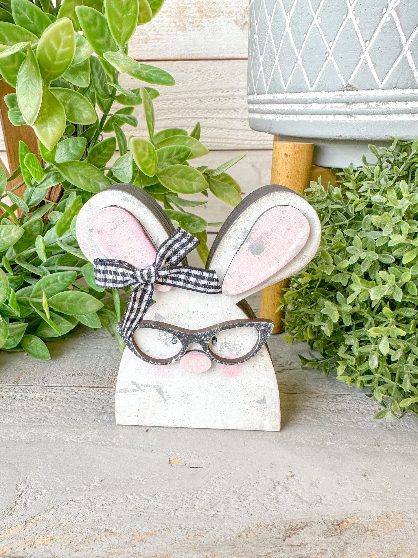 Handmade Nerdy Bunny Wood Decor – Rustic Easter Tiered Tray Accent